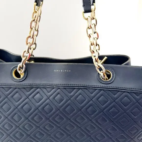 TORY BURCH Navy Blue Fleming Triple Compartment Leather Tote - Picture 3 of 15